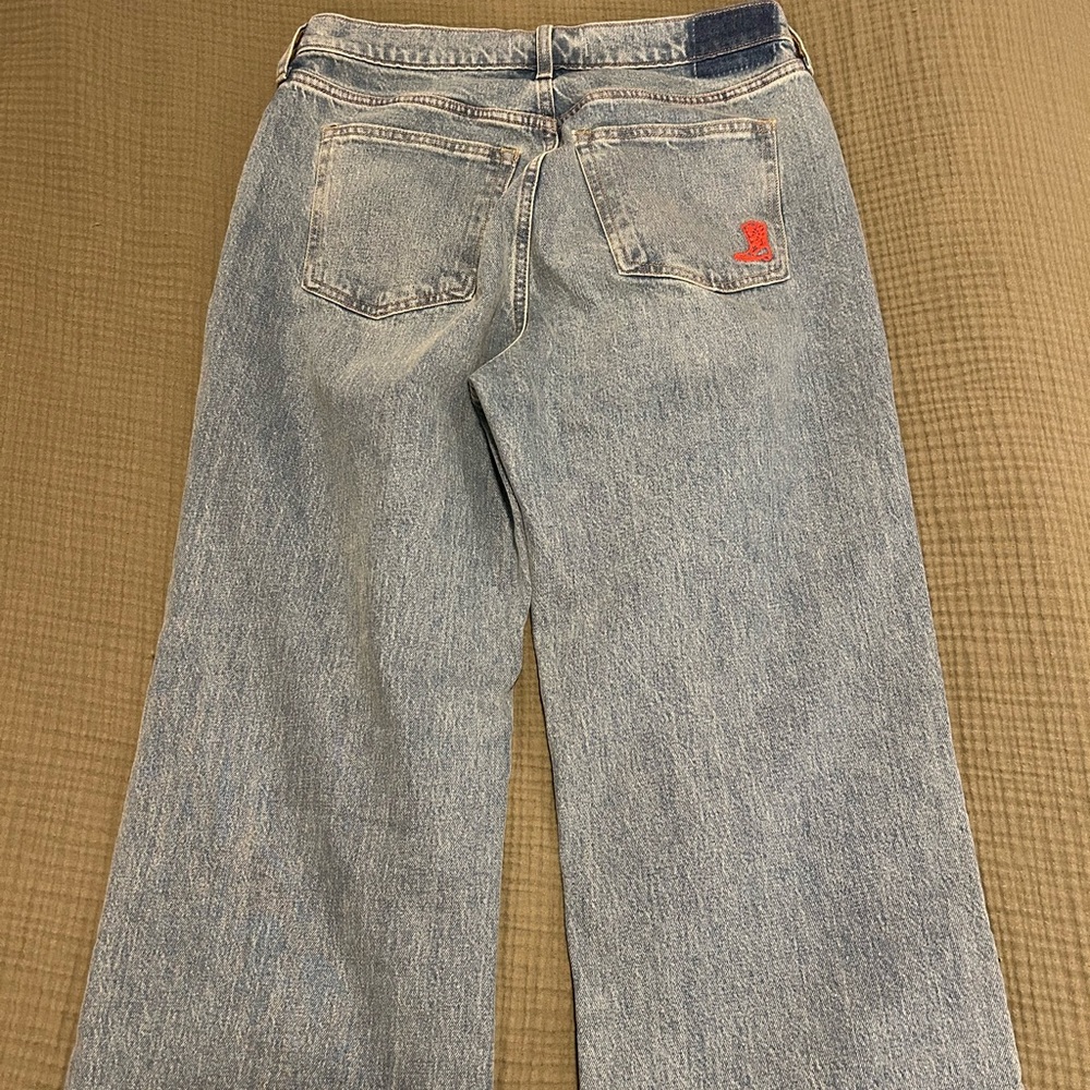 Abercrombie & Fitch Light Blue Boot Cut Jeans with Red Boot Embroidery Long - Picture 7 of 7